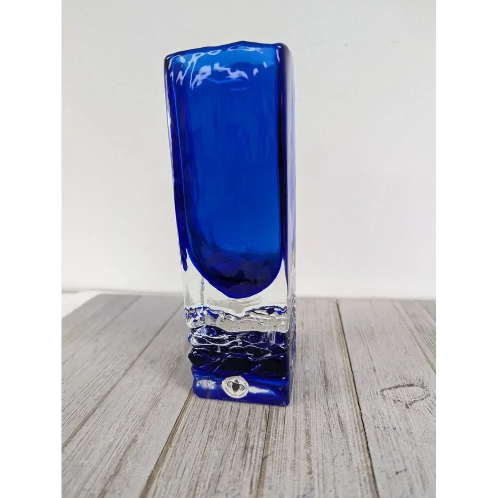 Beranek Handmade Glass Cobalt Blue Clear Abstract Vase Czech Republic Signed 7" - Picture 1 of 9